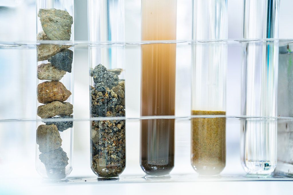 Several test tubes containing geological samples and liquids
